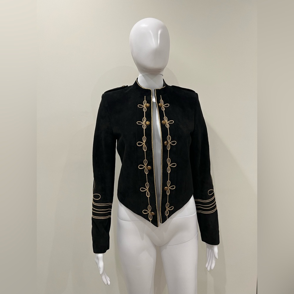 Saint Laurent suede leather black blazer jacket women sz 38 XS gold embellished